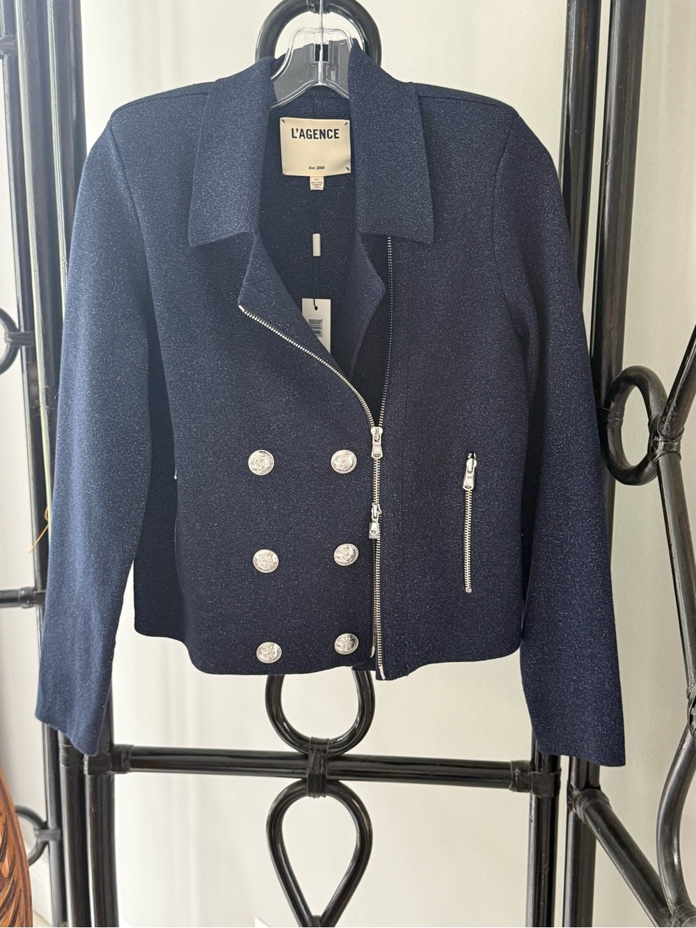 L'AGENCE Navy Double-Breasted Zip-Front Blazer
